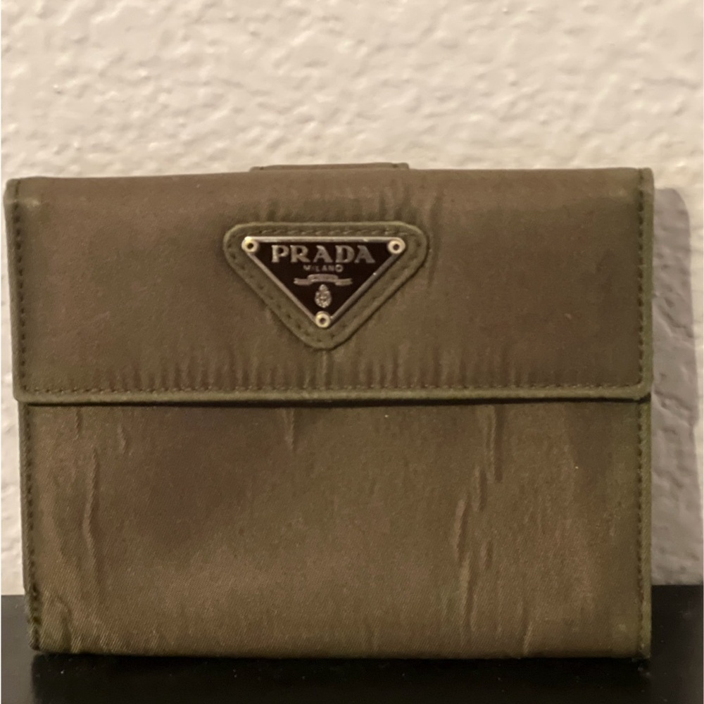 SOLD Authentic Prada compact wallet, army green, used